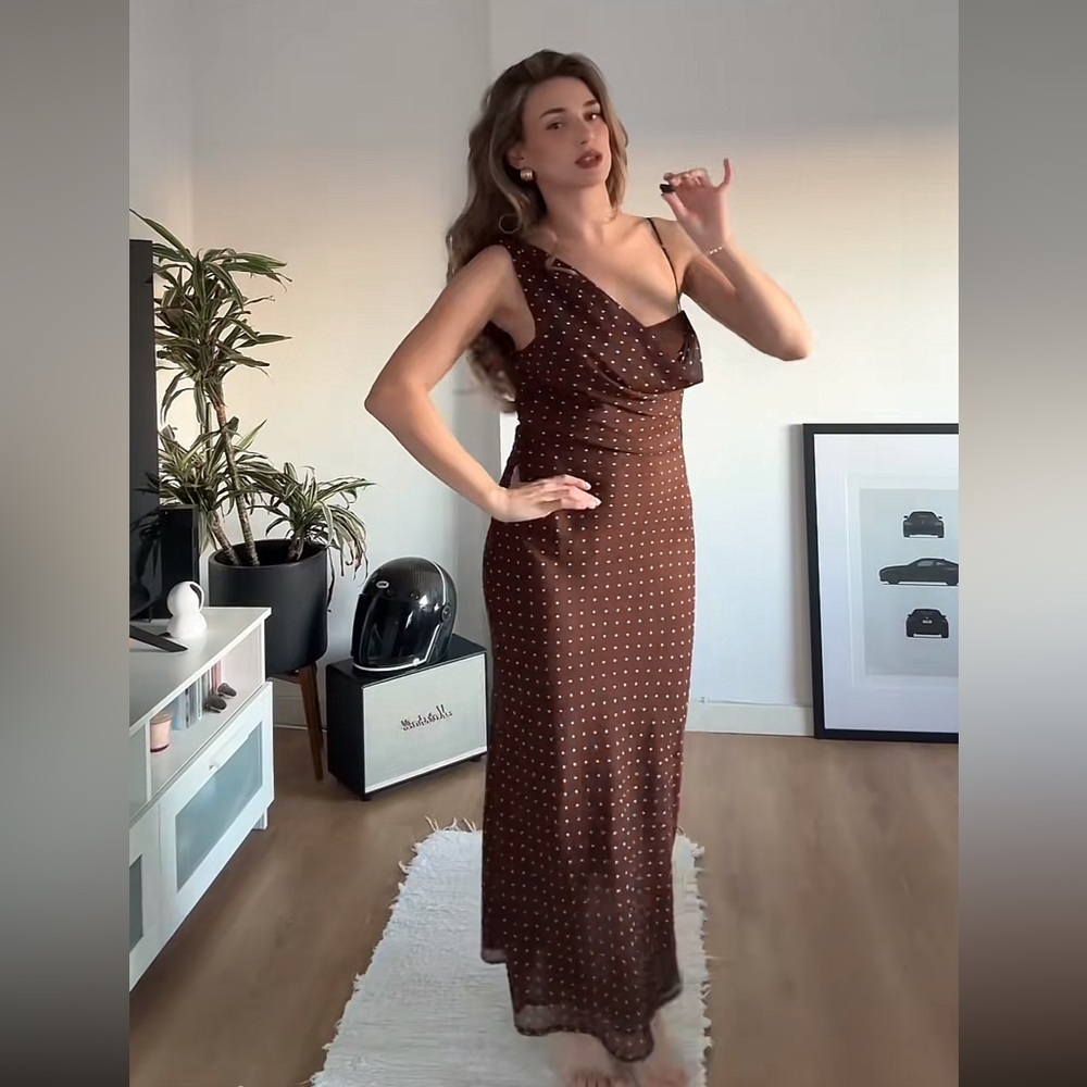 ZARA Brown Draped Neck Polka Dot Maxi Dress - Picture 7 of 17